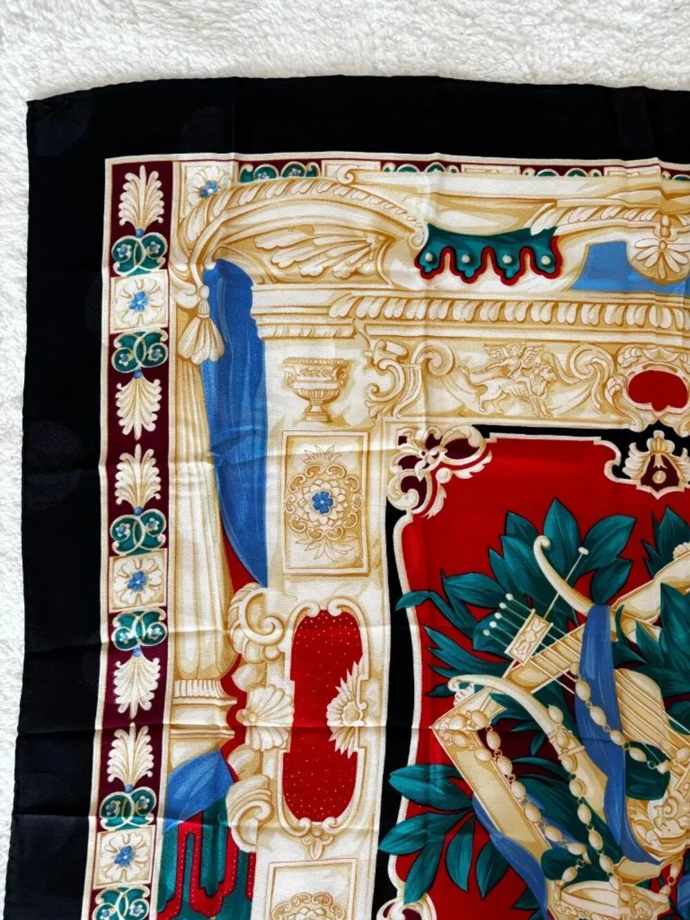 Celine Vintage Black Silk Scarf Ancient Theater Lyre Pattern Large Square